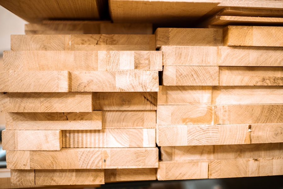 A stack of sawn timber lit from one side.