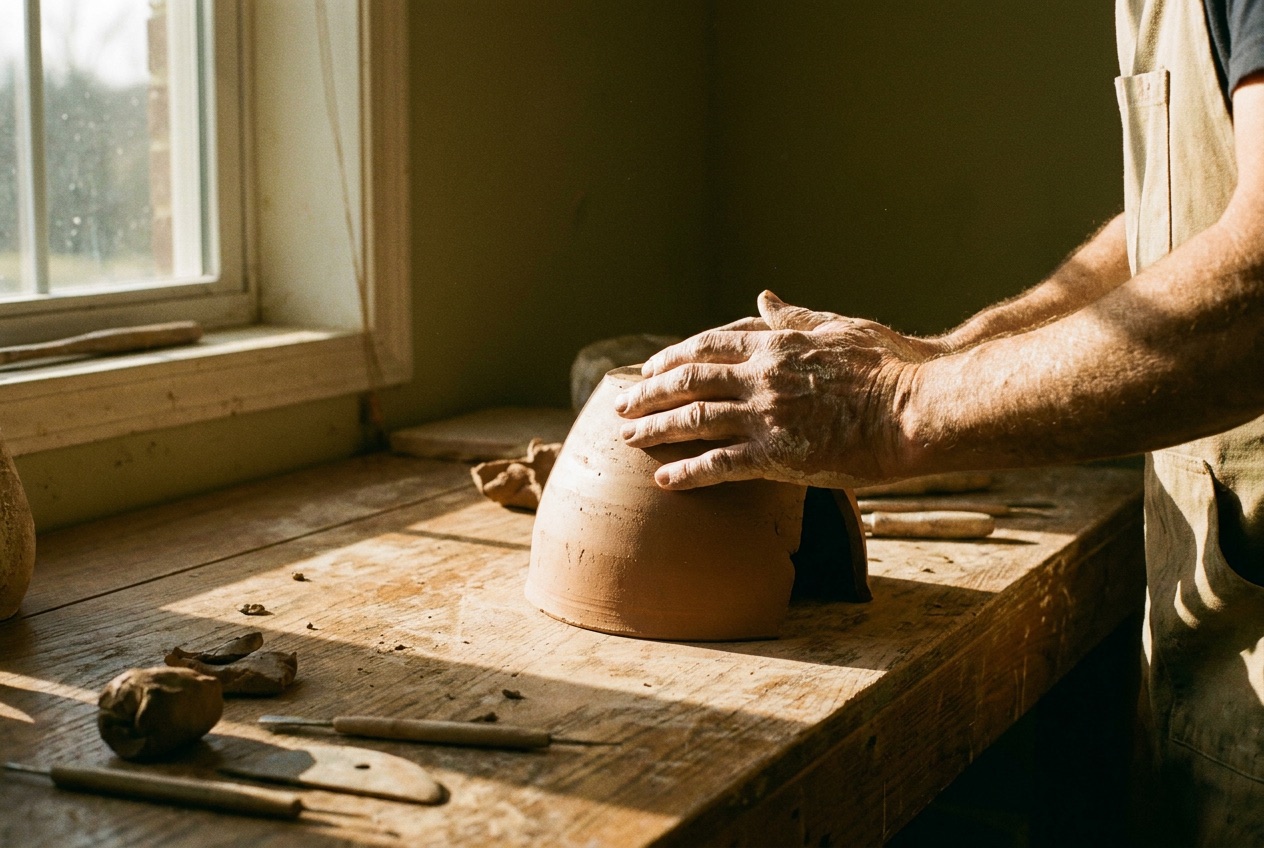 A craftsman's clay-dusted hands resting on an unfinished terracotta form on a worn oak bench.