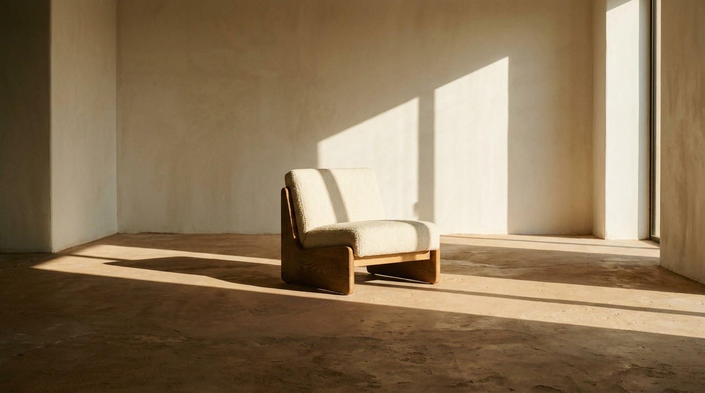 A low oak and bouclé lounge chair alone in a limewashed plaster room, cut by one hard diagonal of late afternoon sun.