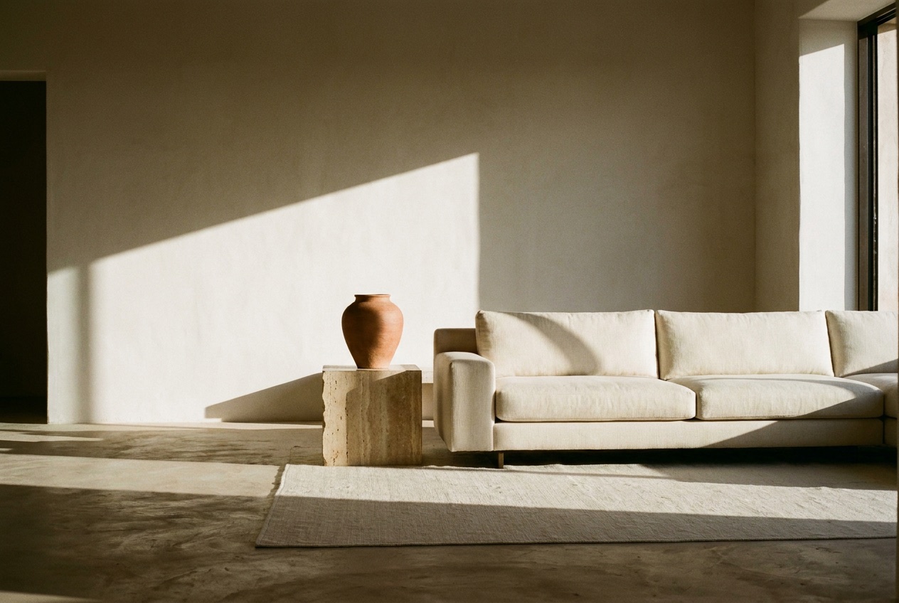 A spare limewashed room with a low linen sofa, travertine side table and one terracotta vessel, raked by late sun.